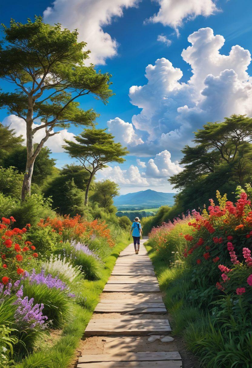 A vibrant, winding path that leads through a lush, sunlit landscape symbolizing joy and safety, with cheerful figures walking hand in hand. Alongside the path, protective, soothing elements like soft clouds and gentle barriers enhance the feeling of security. In the background, a serene horizon represents a bright future. The scene exudes warmth and optimism, inviting viewers to envision a joyful journey. super-realistic. vibrant colors. peaceful atmosphere.