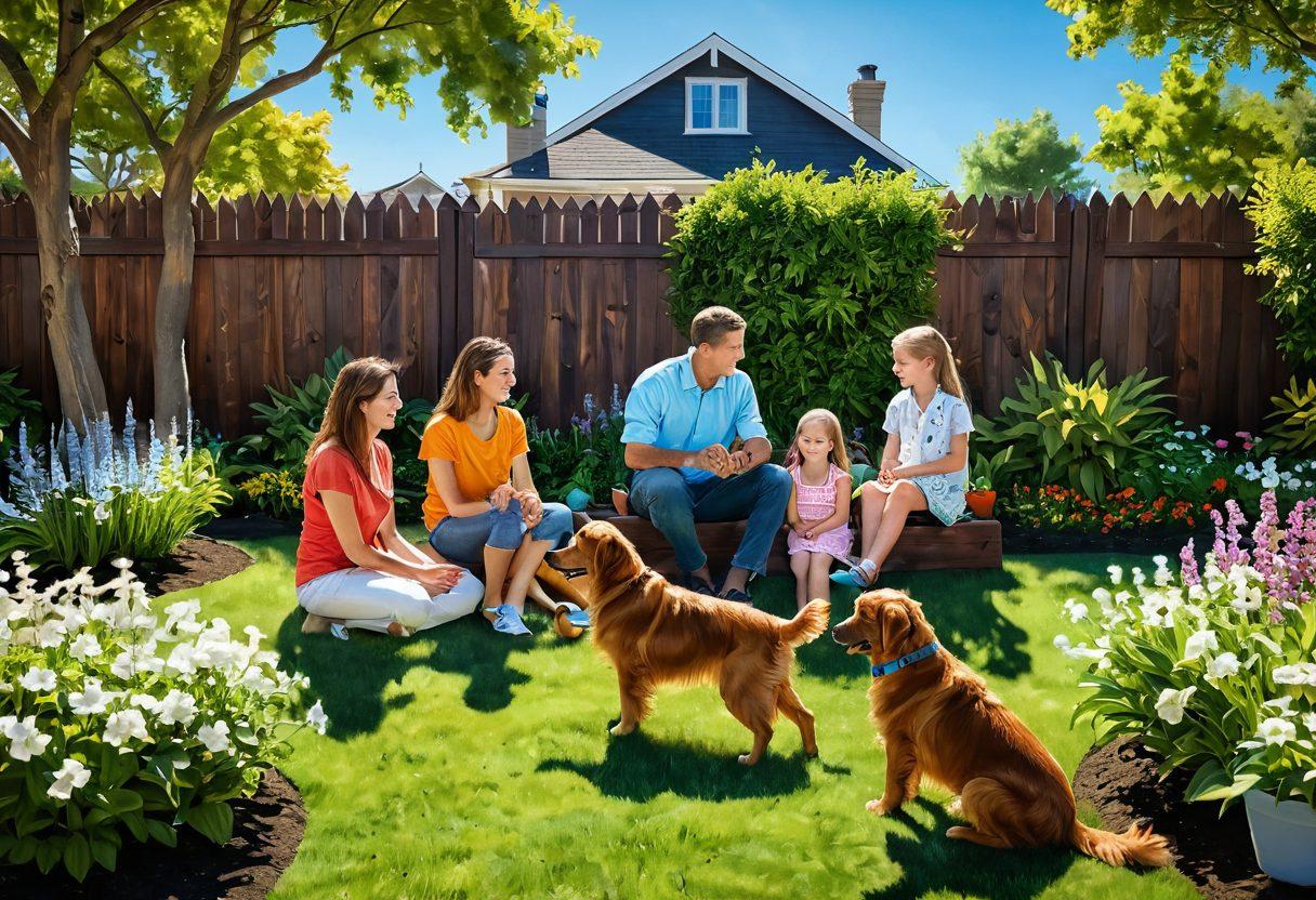 A serene scene depicting a family happily enjoying a sunny day in a secure backyard, surrounded by safety features like a sturdy fence, childproof locks, and a tranquil garden. Incorporate elements of joy, like laughter and playful pets, while ensuring a clear blue sky adds to the blissful atmosphere. super-realistic. vibrant colors. soft focus.