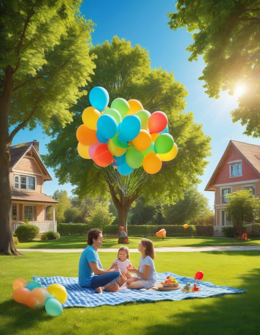 A serene scene depicting a happy family enjoying a sunny picnic in a lush green park, surrounded by safety elements like a child-friendly playground and friendly neighborhood signs. The atmosphere is filled with joy, laughter, and colorful balloons representing happiness and security. Soft lighting enhances the warmth and positivity of the moment. super-realistic. vibrant colors. bright blue sky.